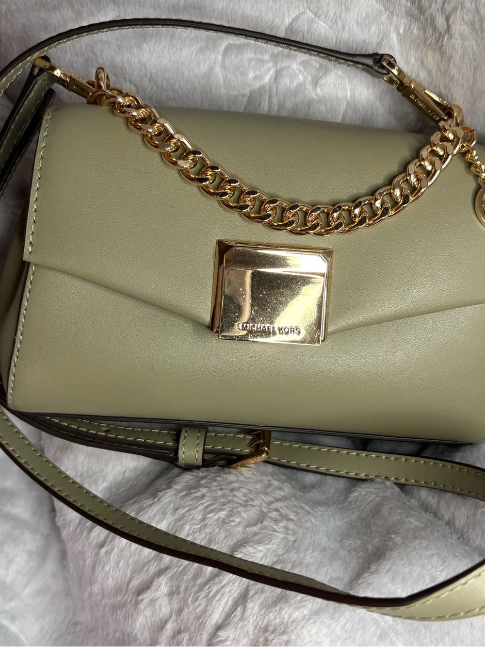 Michael Kors Sage Green Leather Crossbody with Gold Chain Accent